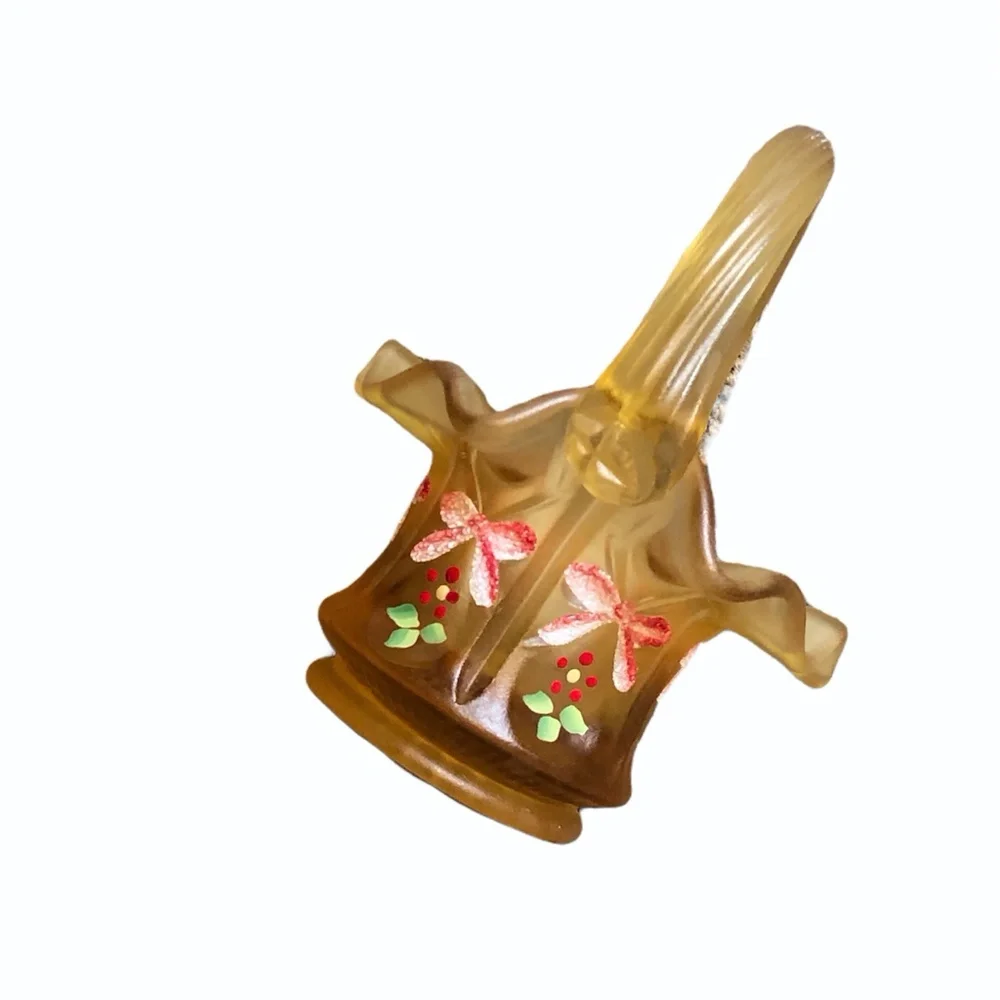 FENTON AMBER GLASS CHRISTMAS BOWS & HOLLY MINI BASKET 2